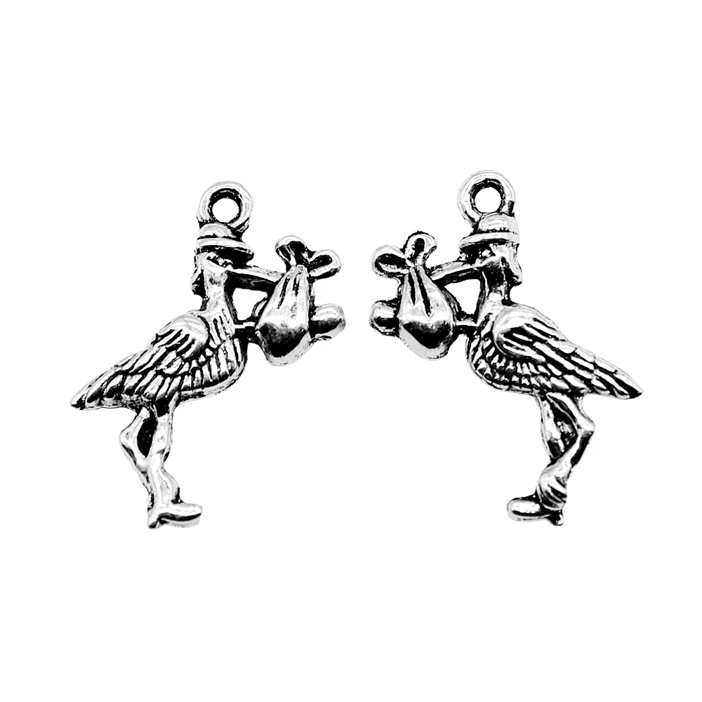 WYSIWYG 10pcs 23x18mm New Baby Stork Metal Charm Stork Baby Bird Charms Vintage DIY Accessories For Jewelry Making