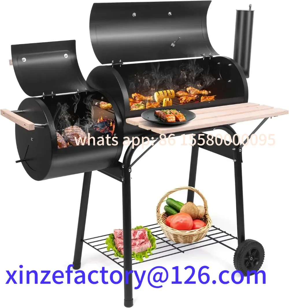 

Customizable Charcoal Grill and Offset Smoker, Outdoor Patio Barbecue Cooker with Wheels