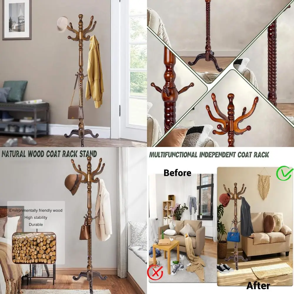 رف معطف خشبي عالي التحمل قائم بذاته مع 14 خطافًا وارتفاع قابل للتعديل، وقاعدة مستديرة صلبة لتخزين المدخل #1