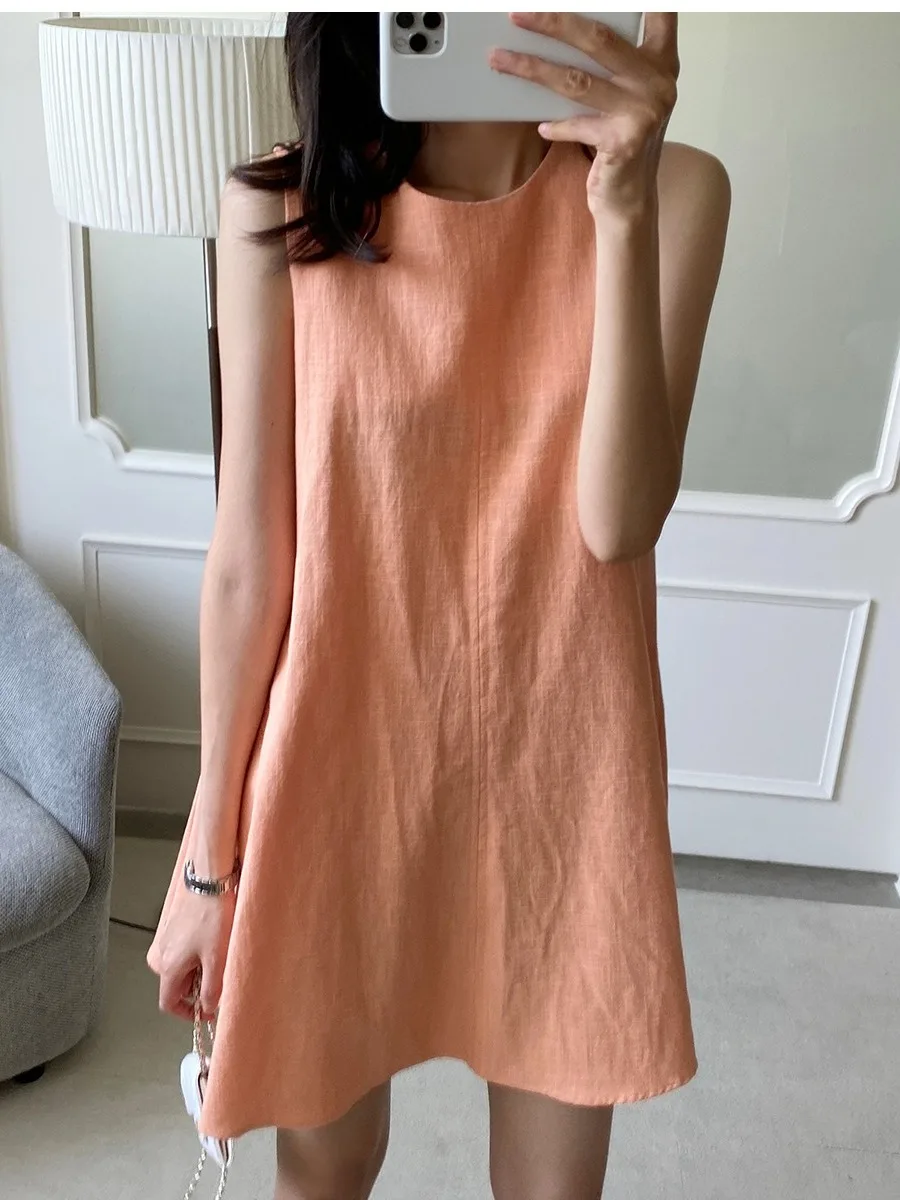 

mat Chic Svel round Ne Color Casual Summer Dr Vest ort Skirt Women's Commute Sle Pure Color Dr