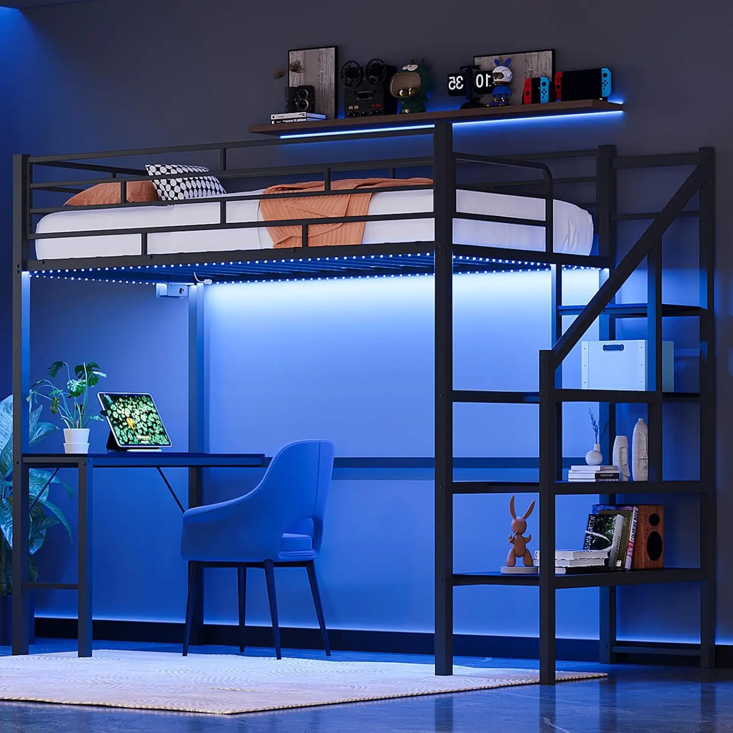 Twin Loft Bed with Desk,15‘’ Extra High Safety Guardrail with 2 Charging Station,Heavy Duty Metal Loft Bed Frame with Staircase