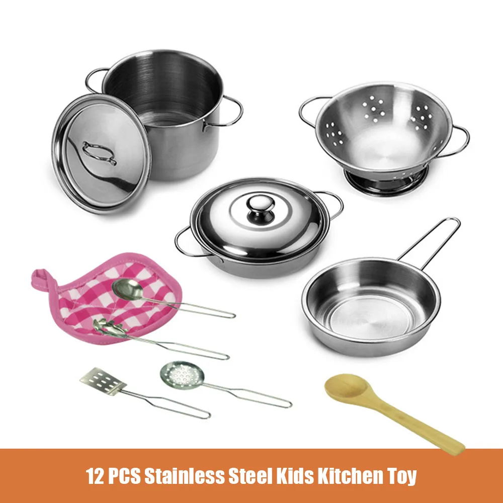 

12 PCS Kitchen Set Pretend Play with Storage Bag Simulated Kitchen Toy Stainless Steel Soup Pot Pan Shovel Spoon Children Chef