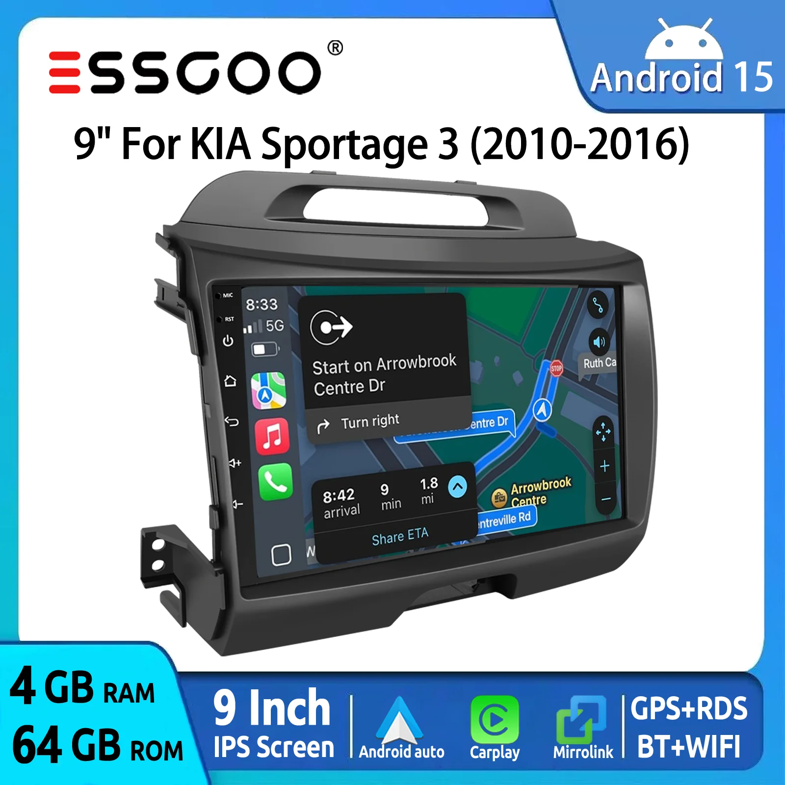 Autoradio ESSGOO Android 15 9 Zoll 32/64G für KIA Sportage 3 2010-2016 Drahtloses CarPlay Android Auto GPS Navigation FM WiFi RDS Bluetooth USB Lenkradsteuerung Mirror Link IPS Touchscreen