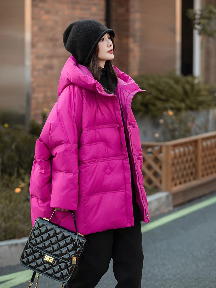 Streetwear Women's Bat sleeved down jacket with hooded solid color 2024 Winter Chinese style Oversize puffer coat warm DJ048