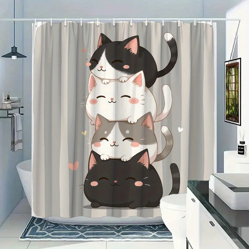 Cute Stacked Cats Shower Curtain, Cartoon Kitten Tower Decor, Funny Animal Waterproof Polyester Bath Screen, Pet Lover Home