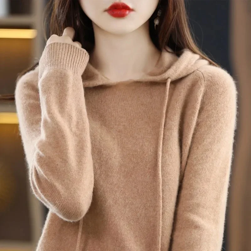 

Осень-зима, новый женский свитер из 100% мериносовой шерсти, джемпер с капюшоном, модный теплый свитер, женский однотонный однотонный вязаный мягкий топ