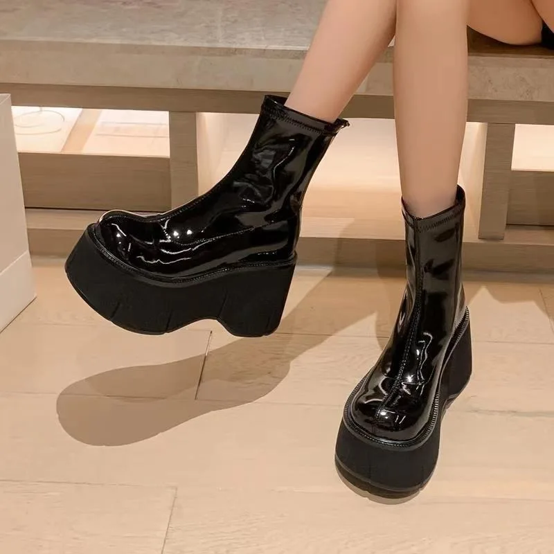 Super High Heel Wedges Modern Boots Slip-on Solid Ladies Shoes on Sale 2025 Fashion Round Toe Sewing Concise Women's Boots image 6
