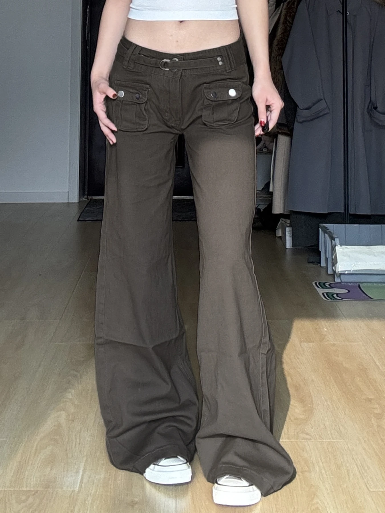 

Weekeep Vintage 2000s Pocket Denim Pants with Belt Casual Low Rise Baggy Cargo Denim Pants y2k Streetwear Women's Jeans Harajuku