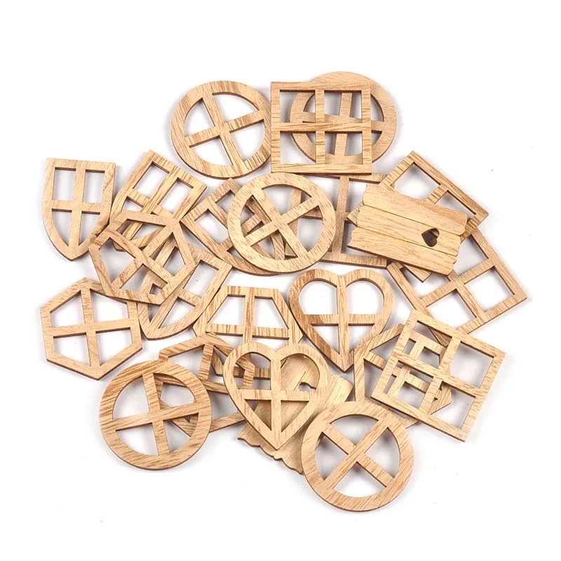 25Pcs 3-4.5cm Mix Shape Mini Window Round/Heart/Hexagon Wood Crafts Slices Scrpbook Home Decor Handmade DIY Wooden Accessrioes