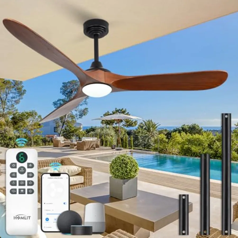 

Outdoor kitchen and living room ceiling fan with walnut wood blades, 60-inch smart fan with light, 3 downrods, compatible with