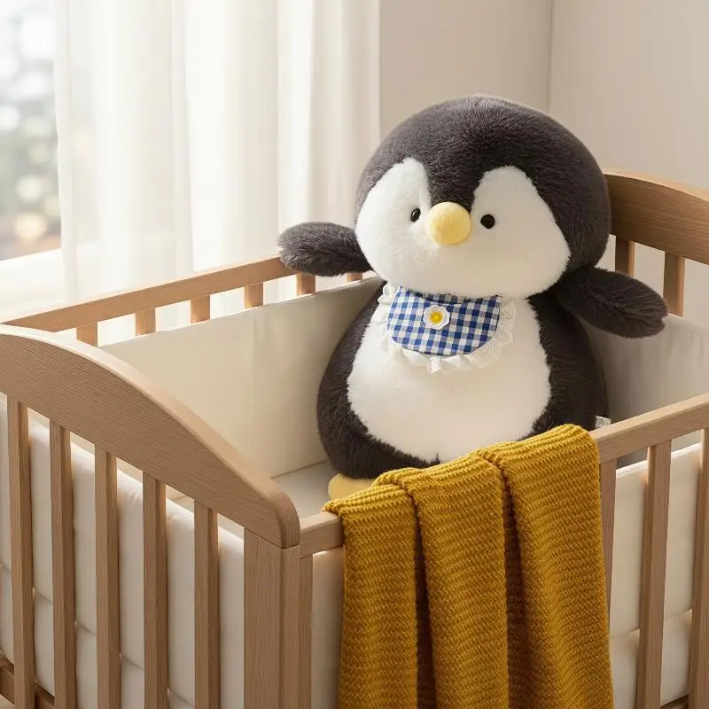 Penguin Stuffed Animal Soft Fluffy Plush with Cute Checkered Bib Perfect Gift for Kids Grandson Granddaughter