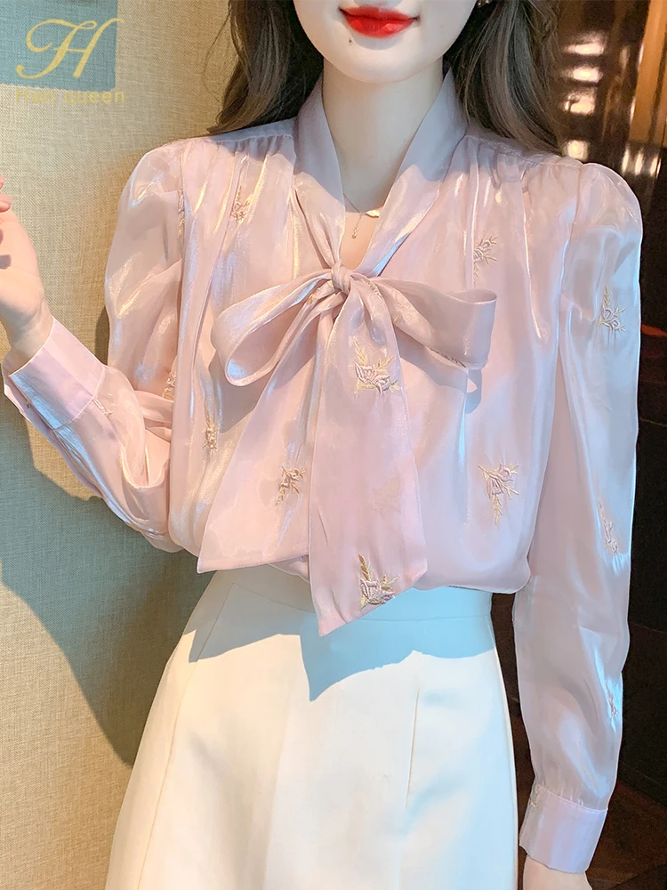 H Han Queen Autumn Puff Sleeve Office Blusas Lace-Up Bow Vintage Embroidery Tops Chiffon Blouses Women Long Sleeve Casual Shirts