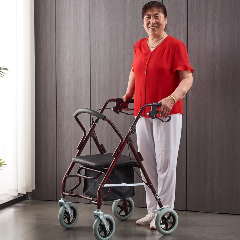 Foldable 4-Wheel Senior Shopping Cart with Seat And Storage Basket Elderly Sit-and-Push Leisure Grocery Carrier for Market Visit