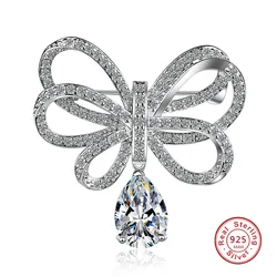 Newest 925 Sterling Silver Bowknot Design CZ Crystal Brooches for Women Fashion Pins Necktie Clothing Dress Wedding Jewelry