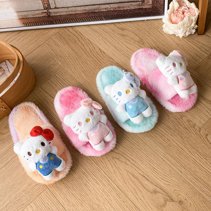 

Детские тапочки, домашняя обувь, зимняя обувь с рисунком «Hello Kitty» для девочек, теплая нескользящая обувь с мягкой подошвой, красная, синяя, размер 36-41