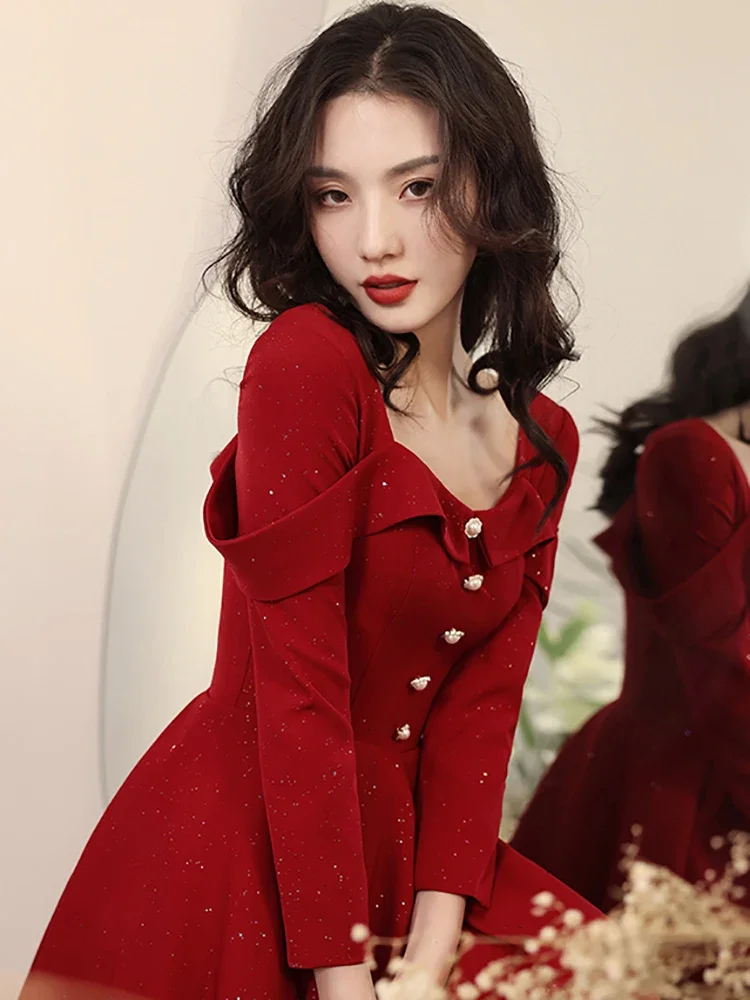 Women Red Long Sleeve Ruffled Square Collar Long Dress 2024 Korean Vintage Luxury Dance Party Dress Autumn Winter Elegant Dress