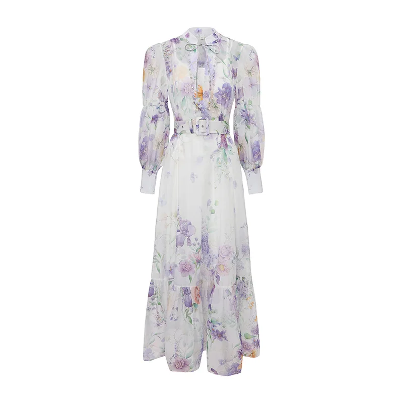 

Spring 2026 Women's Chiffon Maxi Dress with Beading Lace Bow Long Lantern Sleeve Belt Floral Holiday Party Robe Vestidos