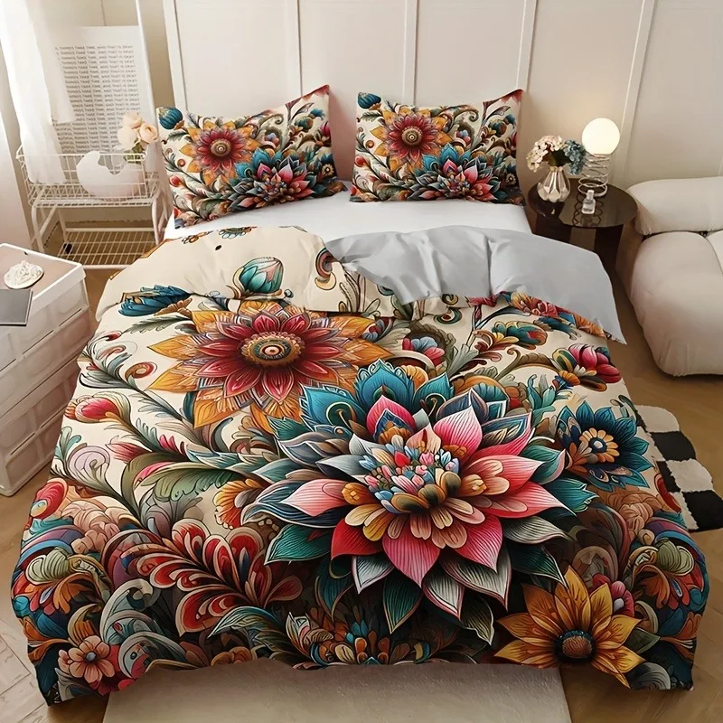 

Bohemian Mandala Floral Bedding Set 3pcs (1 Duvet Cover + 2 Pillow Cases) No Pillow Inserts Included Christmas Present