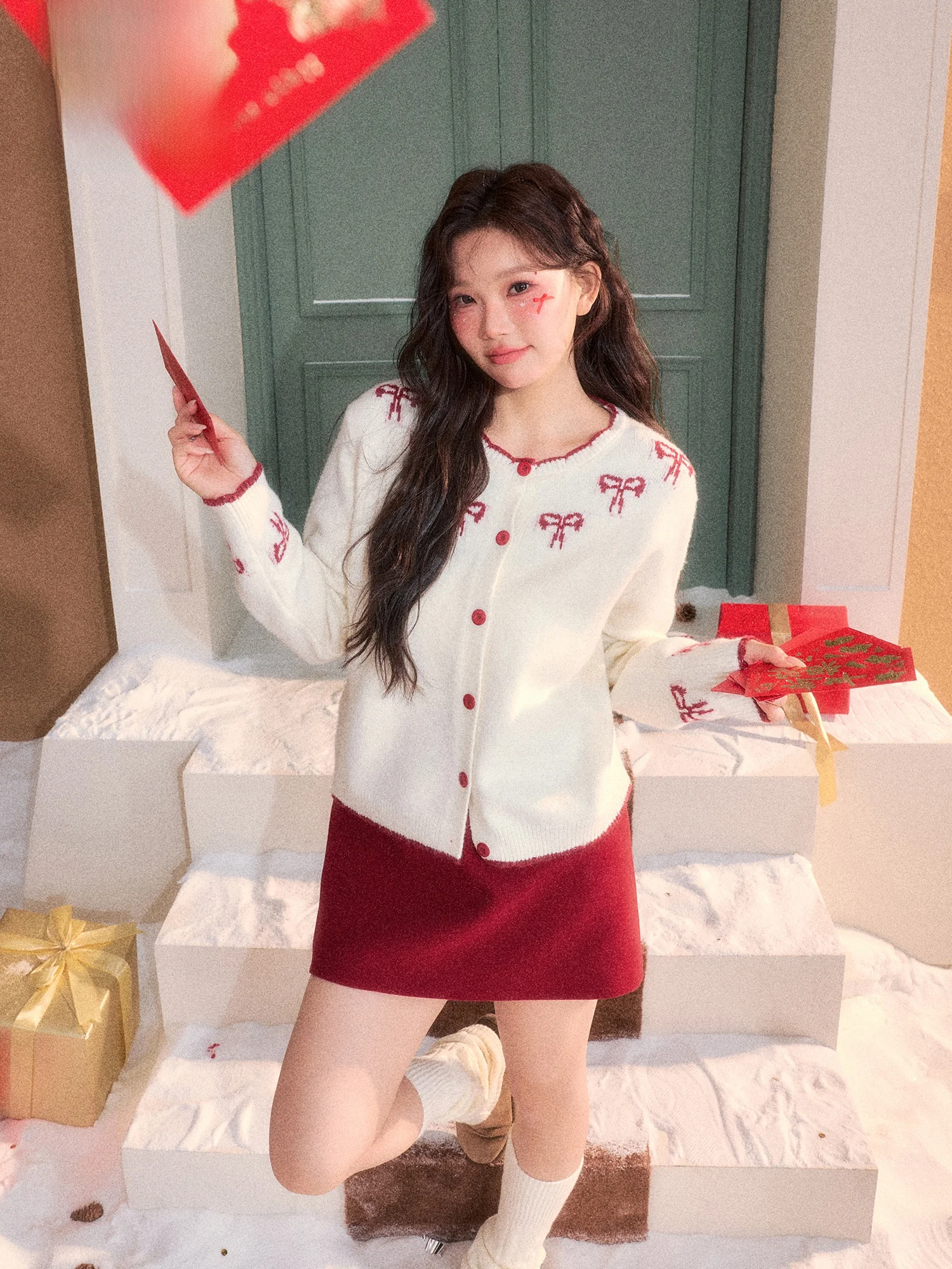 

plus Size Winter Outfit White Knitwear Jaet Red Woolen Skirt Set Korean Sle Slimming Faion for plus Size Women