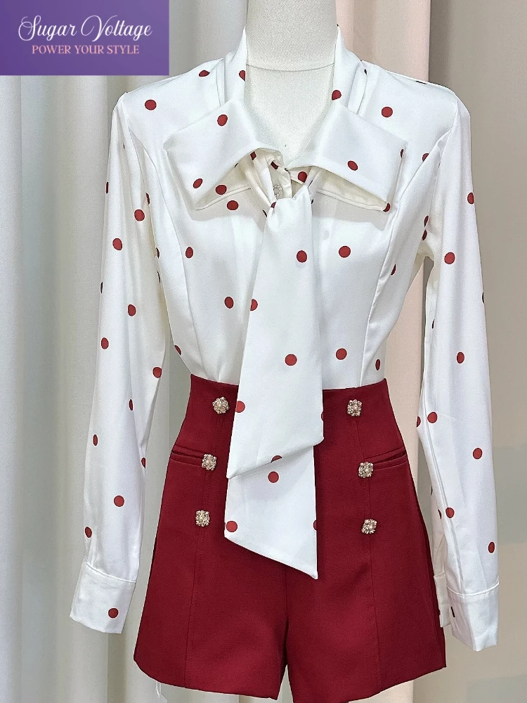 

Франция модный винтажный элегантный комплект из 2 предметов женские тонкие рубашки в горошек с длинным рукавом + костюм с высокой талией шорты повседневный шикарный наряд