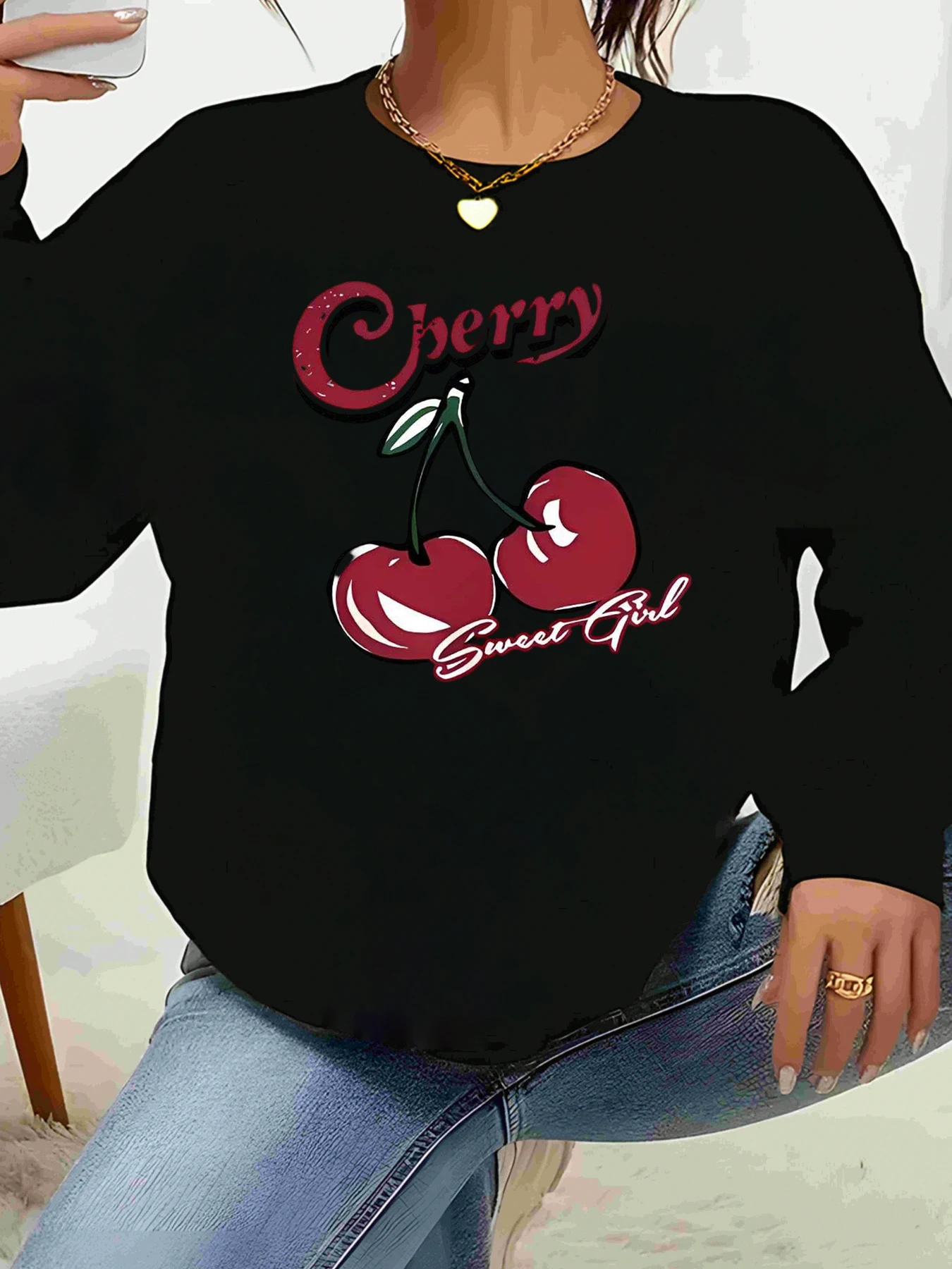 

Футболка с длинными рукавами и принтом Cherry Sweet Girl, повседневная повседневная одежда, женский модный топ