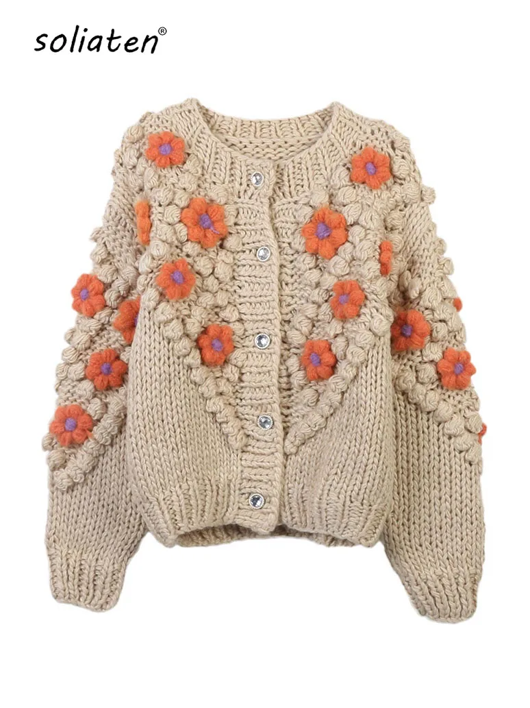 2024 Autumn And Winter Sweater Hand-crocheted Thick Stick Needle Cute Flower Fur Ball Sweet Knitted Coat Sweater Cardigan C-272