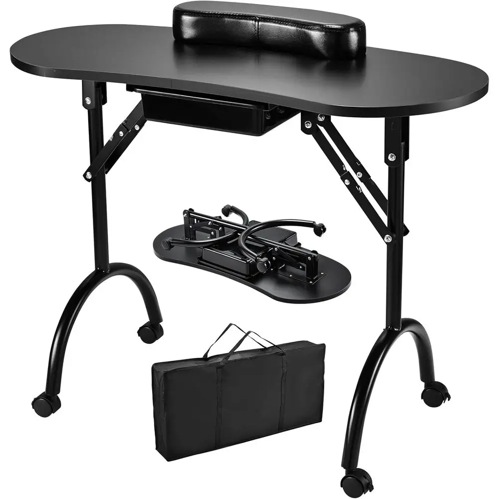 Portable Nail Table Manicure Desk with Derm & Wrist Rest Wheeled Workstation for Home Spa Beauty in Black