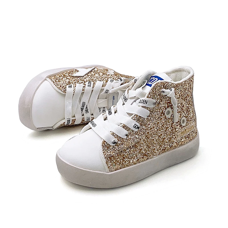 New Design Customized Baby Shoes Children Sport High top Casual Shoes Girls Star Fashion Golden Glitter Kids Sneakers 2024