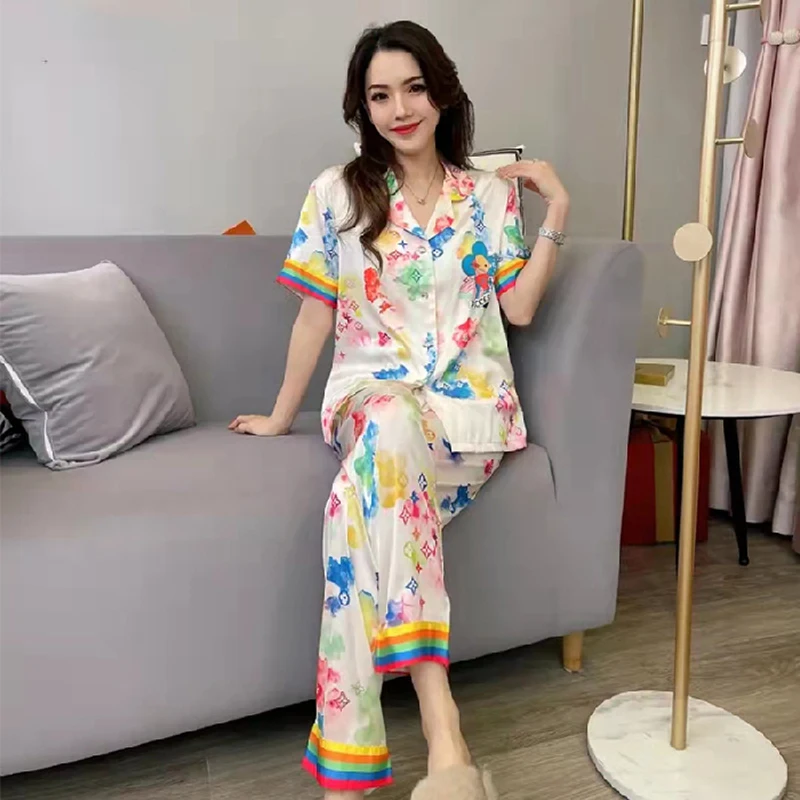 Women Luxurious Pyjamas Set Short Sleeve Trousers Suit Femme Home Clothes Sweet Casual Snow Silk Ladies Pajama Leisure Sleepwear