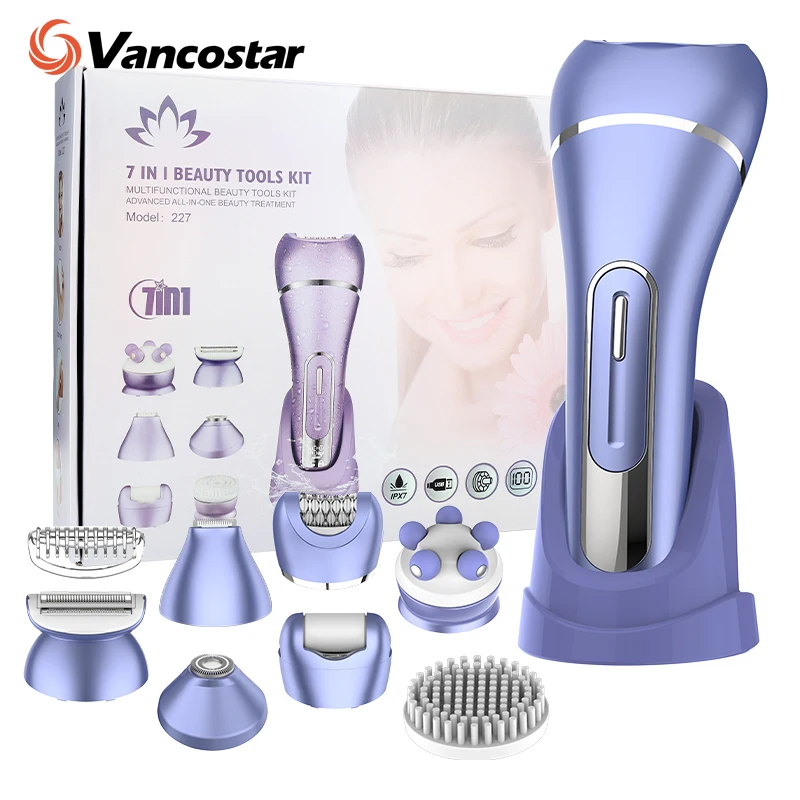 Épilateur 7-en-1 pour femmes, épilation du corps entier, brosse faciale, massage du visage, éliminateur de callosités des pieds, tondeuse bikini, rasoir électrique