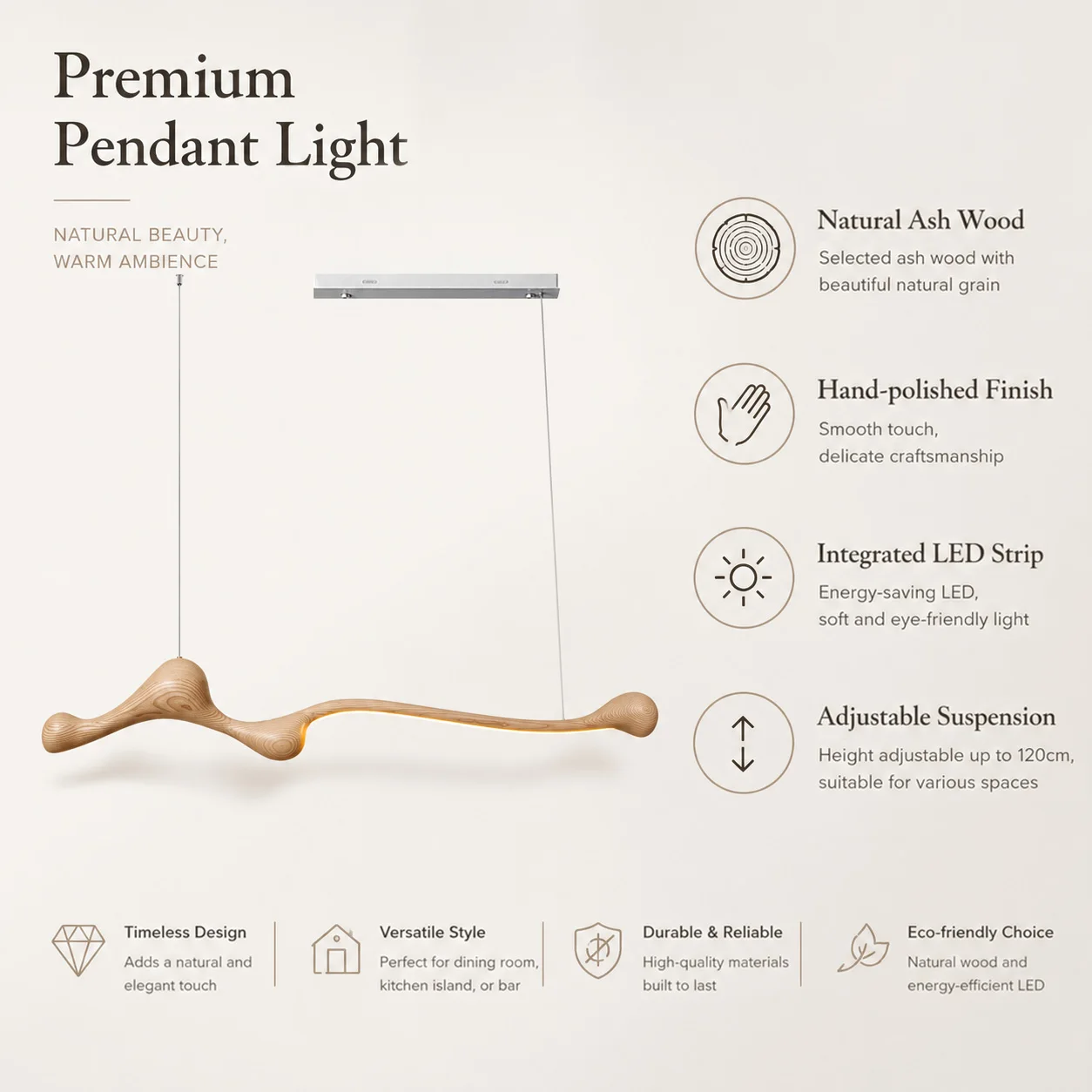 Linear Solid Wood Pendant Light with a Gentle Curve Dimmable LED Chandelier in 3 Wood Colors for Kitchen Island Dining Room view 4