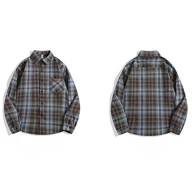 Men's Plaid Shirt Tops Couple 2024 Autumn New American Cotton Vintage Hip Hop Loose Oversize Long Sleeve Woolen Shirts Coats