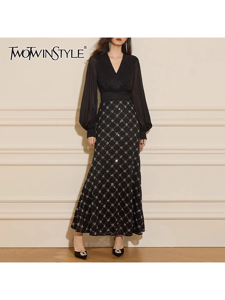 

TWOTWINSTYLE элегантное клетчатое платье для похудения для женщин с v-образным вырезом и длинными рукавами, высокой талией, лоскутное модное платье из бисера, женское