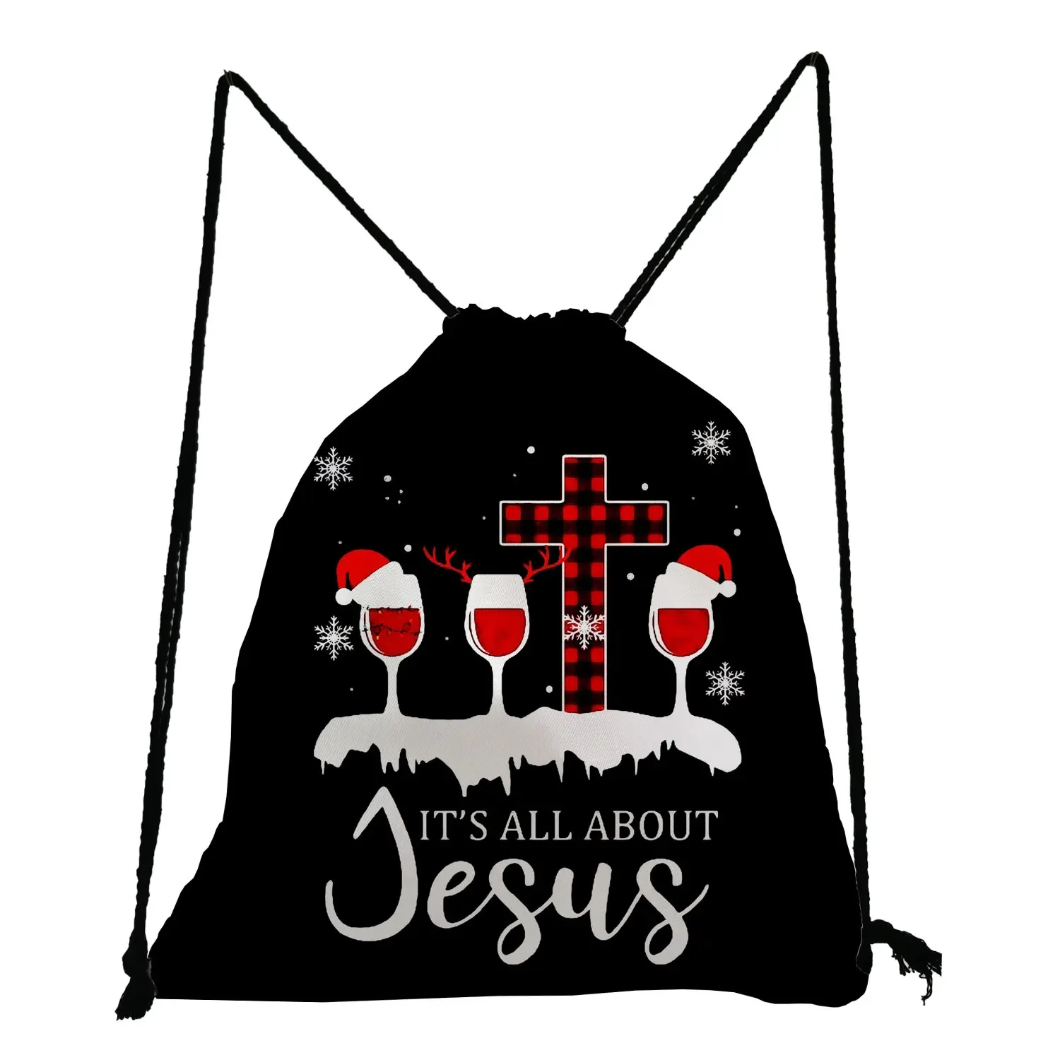 Tas Sekolah Anak-anak Sederhana Saku Serut Hitam Pohon Natal Huruf Ransel Hadiah Natal Modis untuk Wanita Disesuaikan