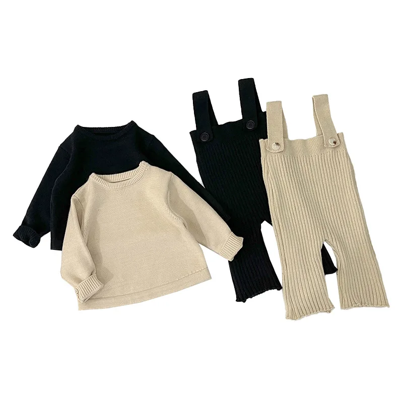 2024 Autumn Knitted Baby\'s Sets Korean Solid Color Knitted Pants for Girls\' Casual Pit Strap Pants Set Baby Fashionable Pants