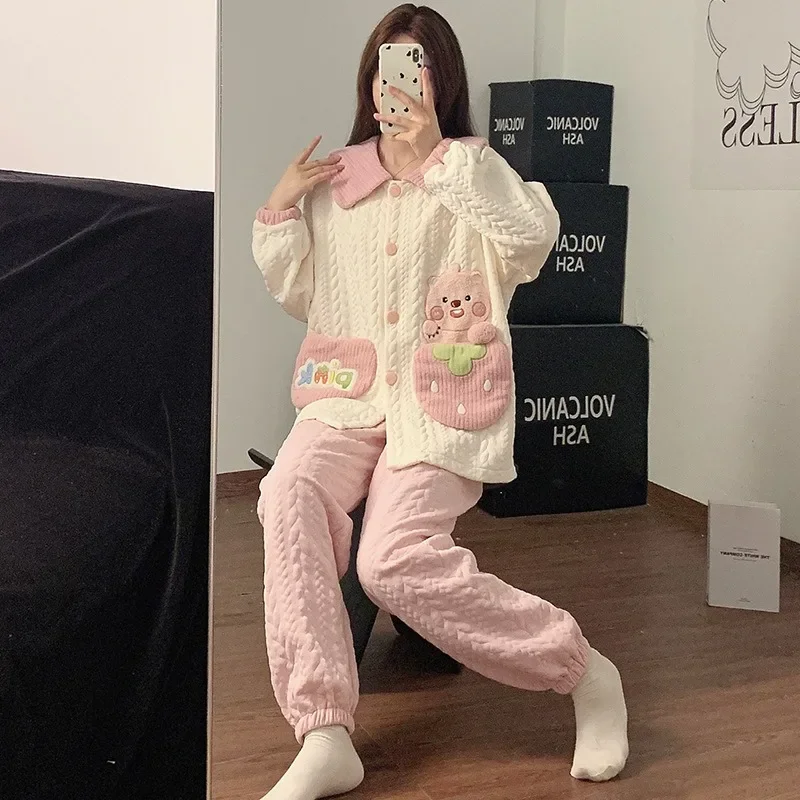 Autumn Winter Pajamas Womens Air Cotton Thicken Home Clothes Sweet Doll Collar Cardigan Loungewear Long-Sleeved Trousers Outwear