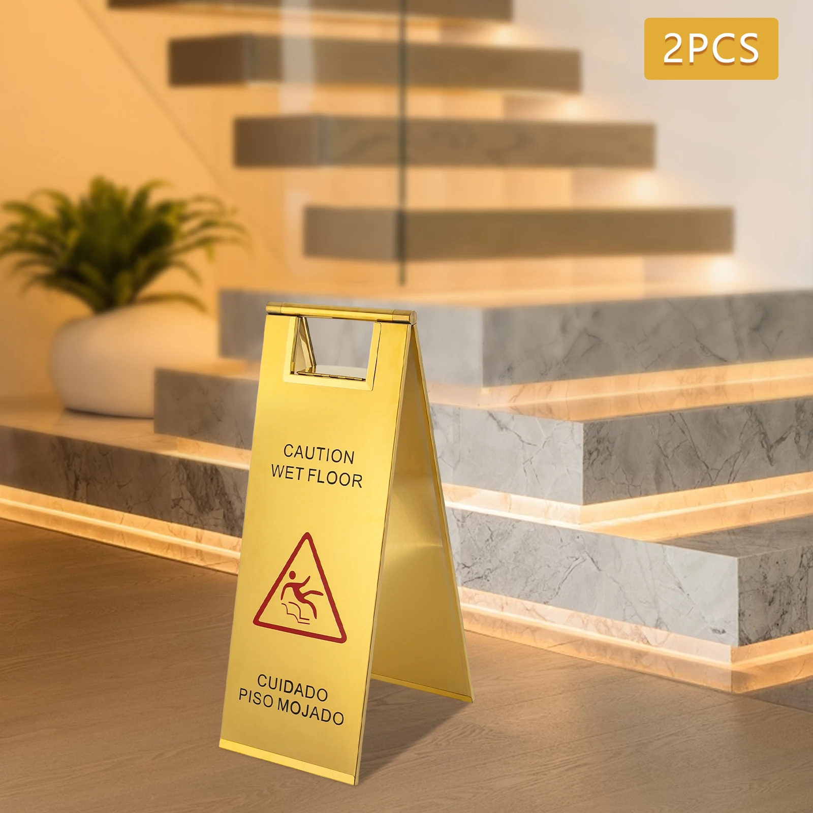 

High-Visibility Wet Floor Sign With Strong Warning Effect - Eye-Catching Gold Exterior+Black Lettering+Red Icon, Fall Injuries