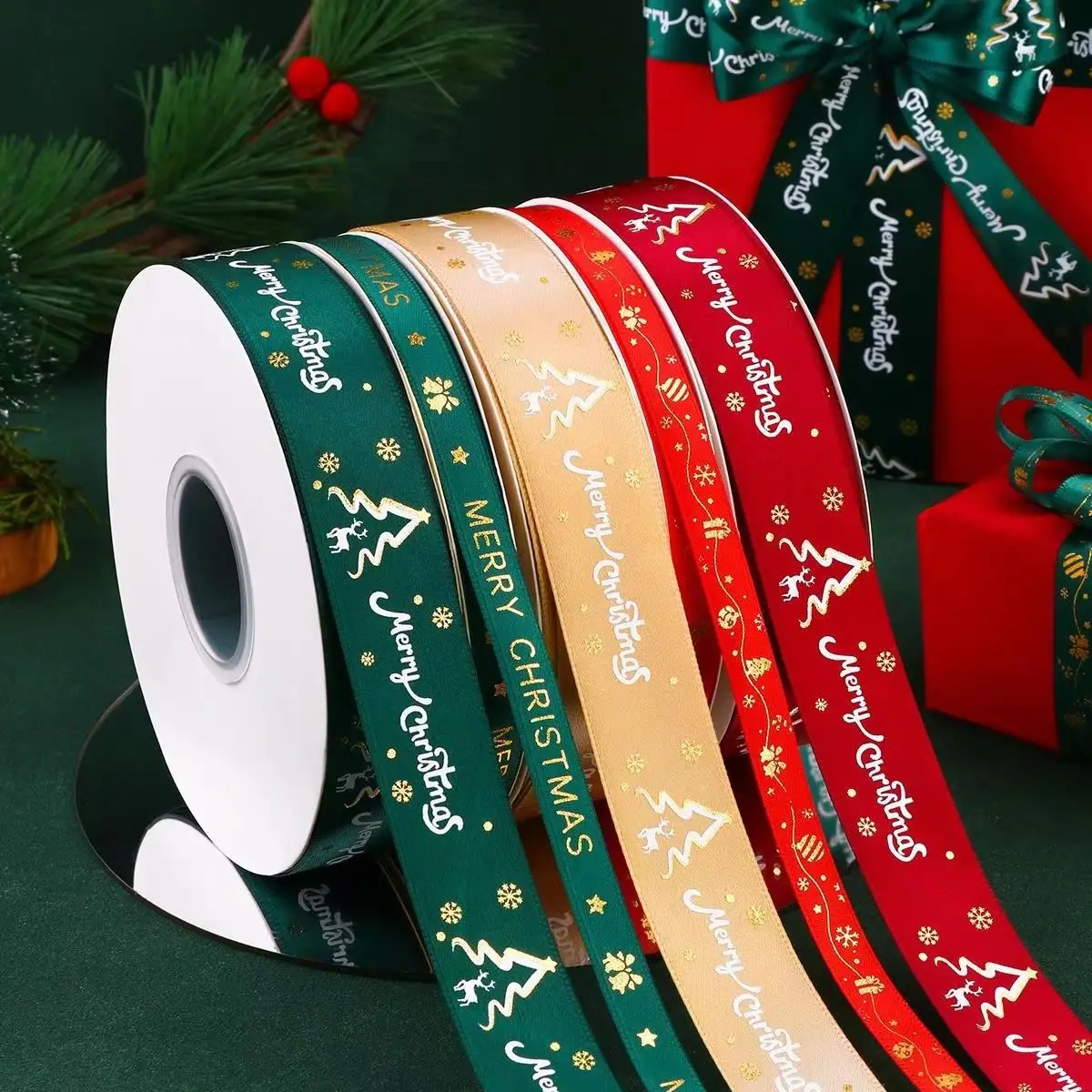 5M Christmas Decoration Ribbon Printed Christmas Polyester Ribbon for Home Decor Handmade Navidad New Year 2023 DIY Gift Packing