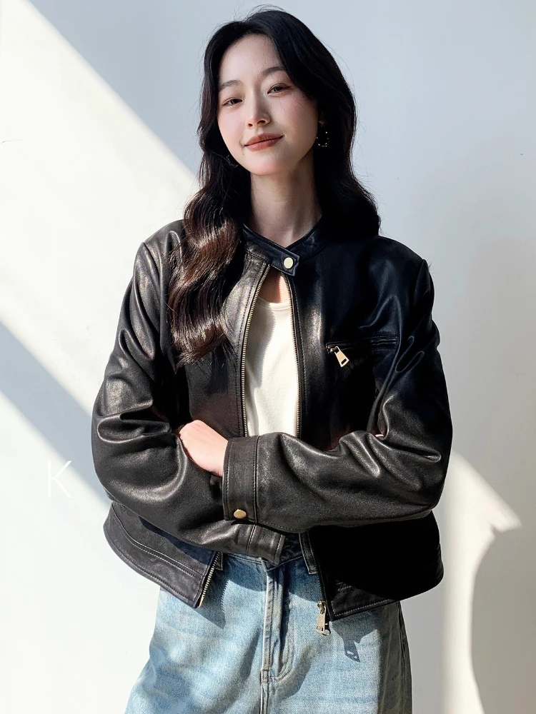 Giacche da moto casual corte in vera pelle da donna primavera autunno colletto alla coreana semplice di fascia alta morbido cappotto in vera pelle di pecora nera