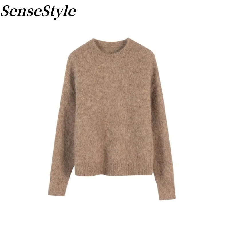 Women\'s Alpaca Wool thick Sweater winter Round Neck Loose Solid Color Knit Pullovers Top