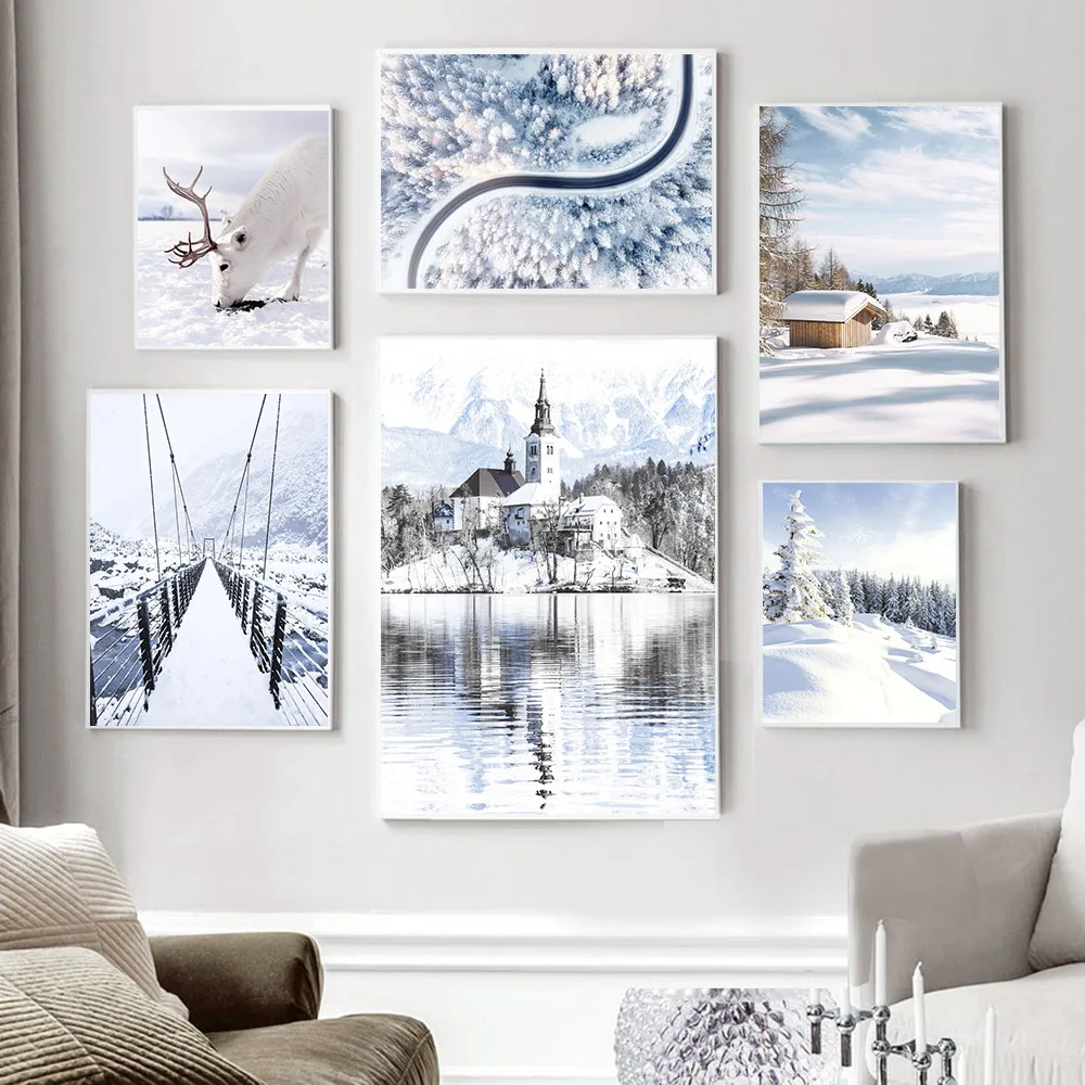 

Winter Snow Mountain Forest Deer Highway Wall Art Canvas Painting Nordic Posters And Prints Wall Pictures For Living Room Decor