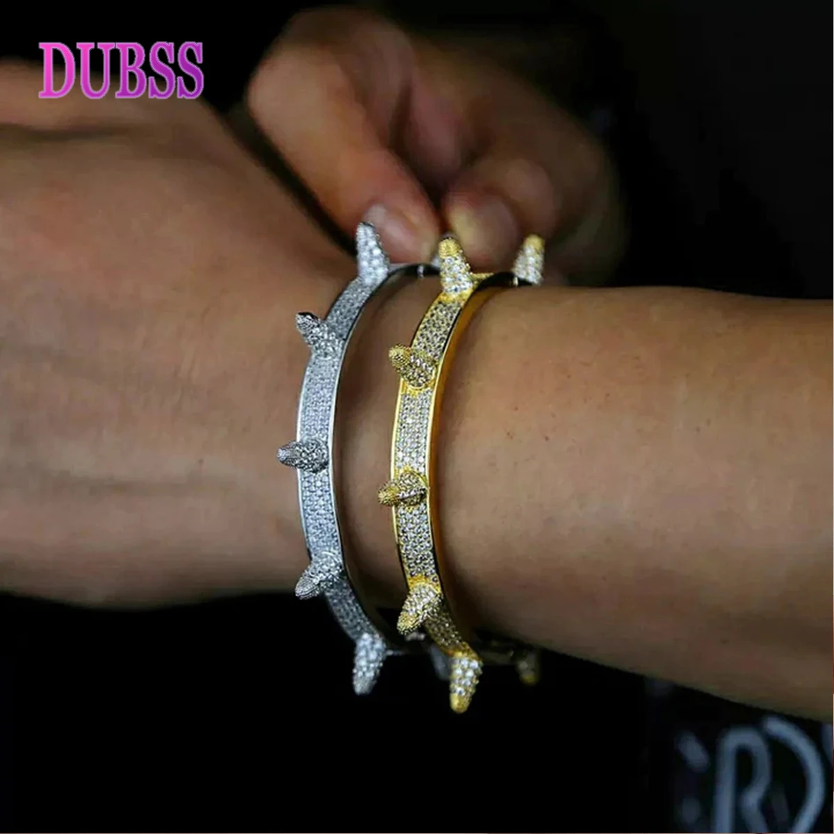 

Dubss Spiked Bangle for Men Iced Out Bracelet Gold Color Hip Hop Rock Punk Fashion Jewelry 2024 Trend