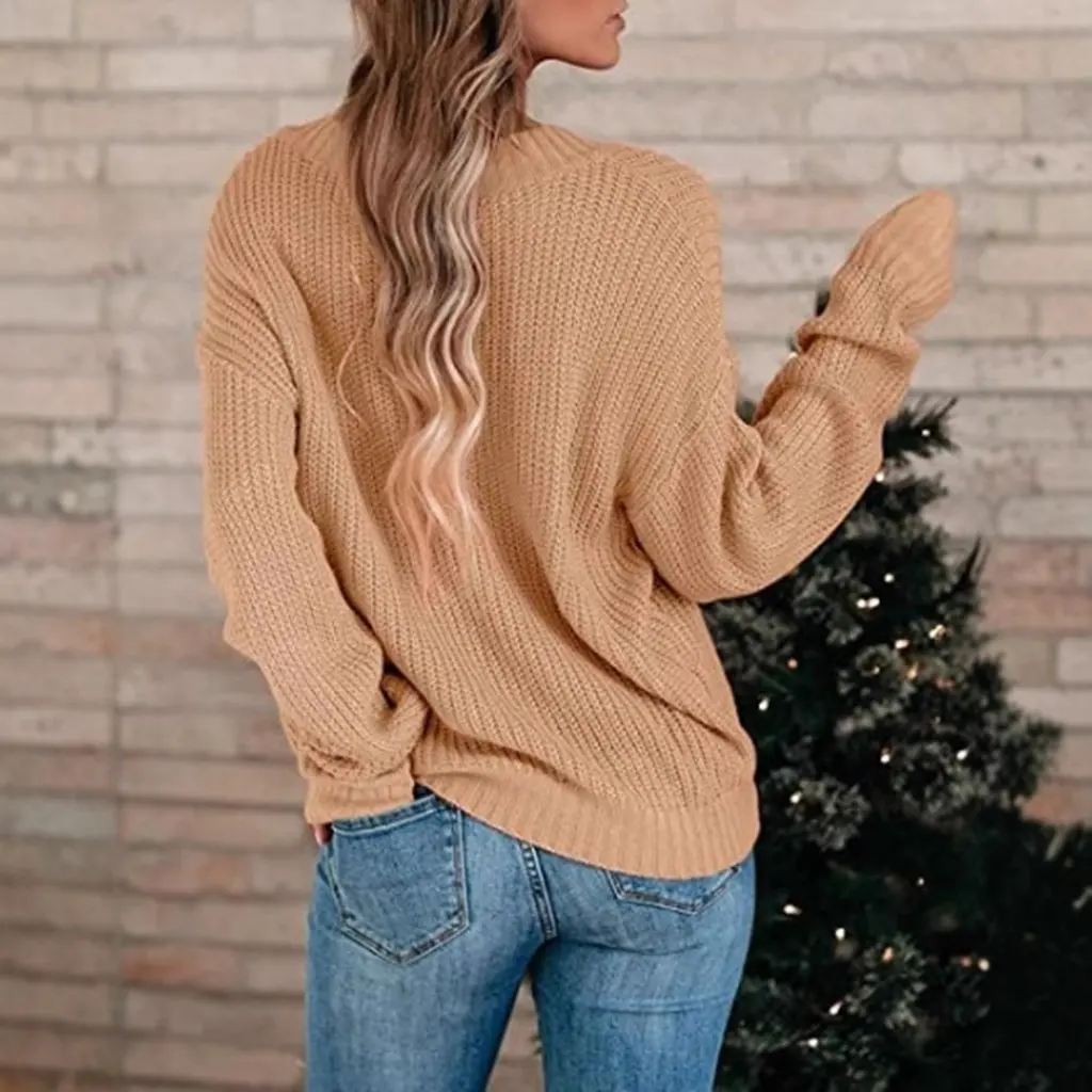 

Sexy Deep V Neck Knitted Sweater Pure Color Casual Loose Long-Sleeved Pullover Bottoming Shirt for Women Export