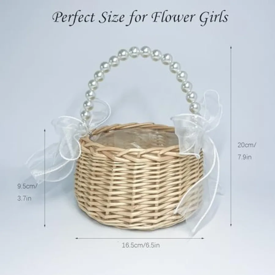 مجموعة سلة فتاة الزهور مكونة من 2 سلة زهور صغيرة منسوجة يدويًا مع مقبض لؤلؤي وبطانة بلاستيكية على شكل فيونكة لفتاة الزهور والفئران الخوص