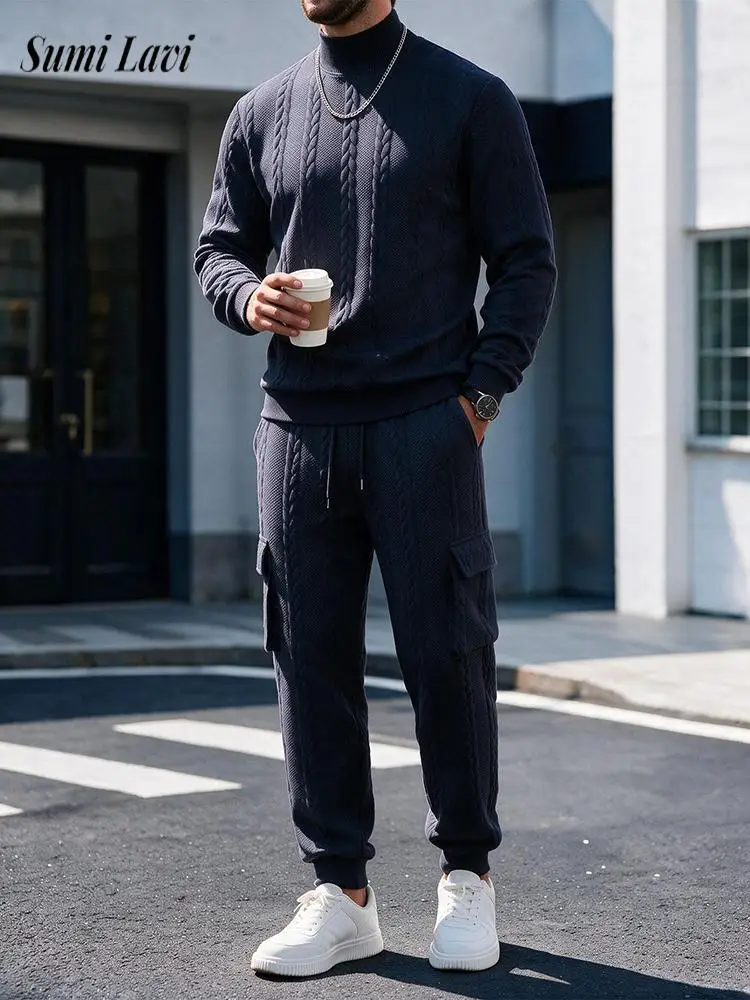 tenues-decontractees-quotidiennes-a-col-montant-pour-hommes-ensembles-deux-pieces-textures-pour-l'automne-ensembles-tendance-pour-hommes-en-couleur-unie-comprenant-un-haut-a-manches-longues-et-un-pantalon-ample