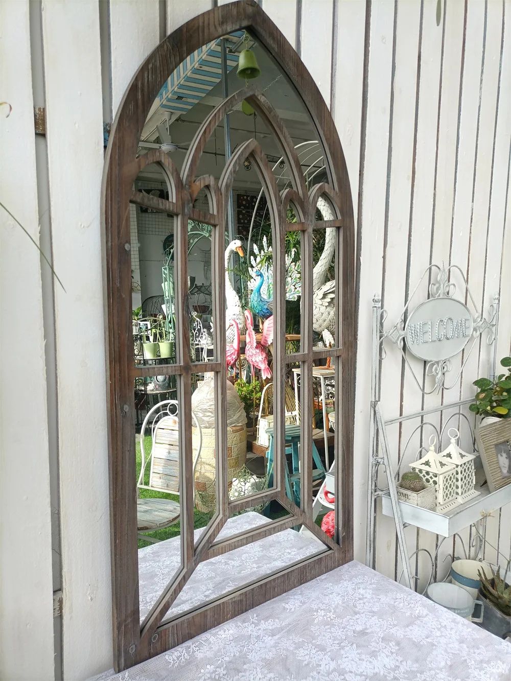 Cathedral Style Decorative Mirror, Fake Window, Vintage Wooden Frame, 18x28 Inches