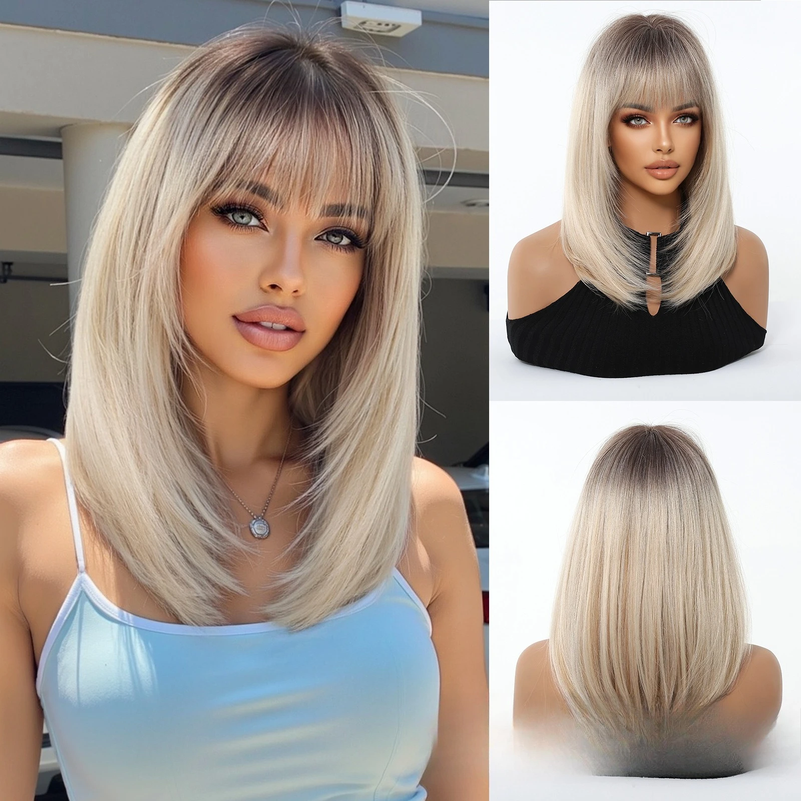 

Wig female collarbone short straight hair Qi bangs gradual change gold buckle gradient full head cover wigs