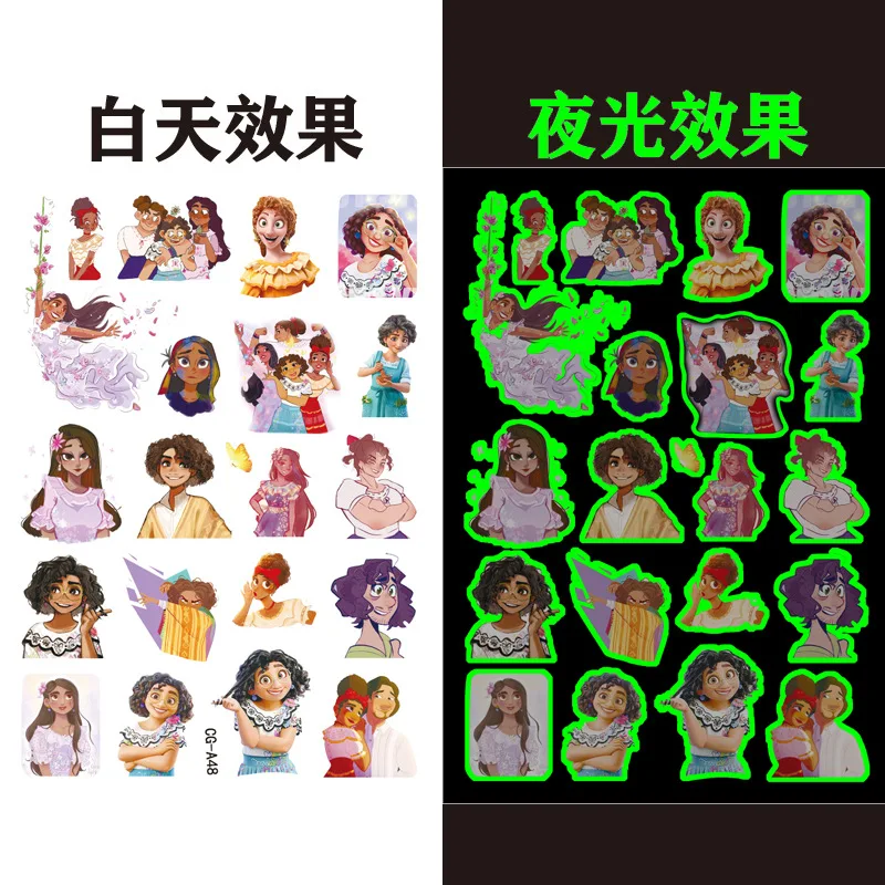 Luminous Encanto Tattoo Stickers para crianças, anime dos desenhos animados, tatuagens temporárias, arte corporal, festa cosplay, brinquedos presentes para crianças, 1pc