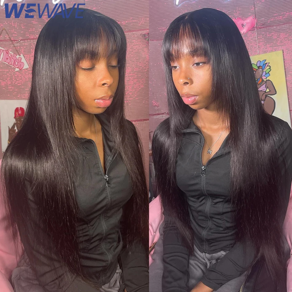 

Bone Straight 100% Human Hair Wig With Bangs 3X1 Middle Part Lace Wig Natural Black Fringe Brazilian Full Machine Made Wig