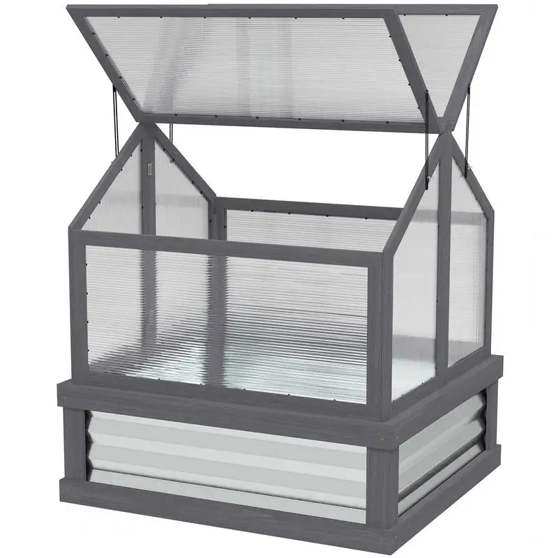 

Raised Garden Flower Bed Kit with Greenhouse, Wooden Cold Frame Planter, 35.5" x 31.5" x 36", Gray